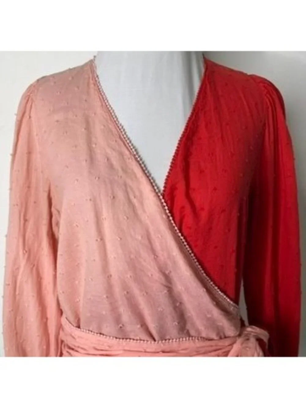 FARM RIO for Anthropologie Colorblock Wrap Blouse Pink Red Swiss Dot Size M